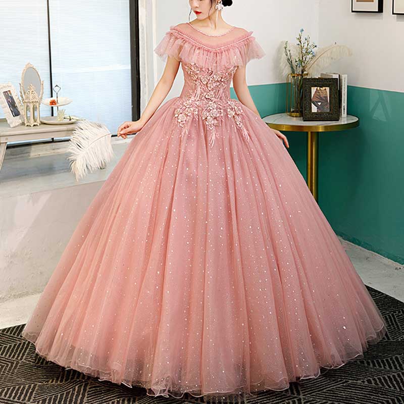 Laced Round-Neck Pink Ball Gown With Appliques