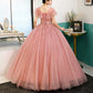 Laced Round-Neck Pink Ball Gown With Appliques