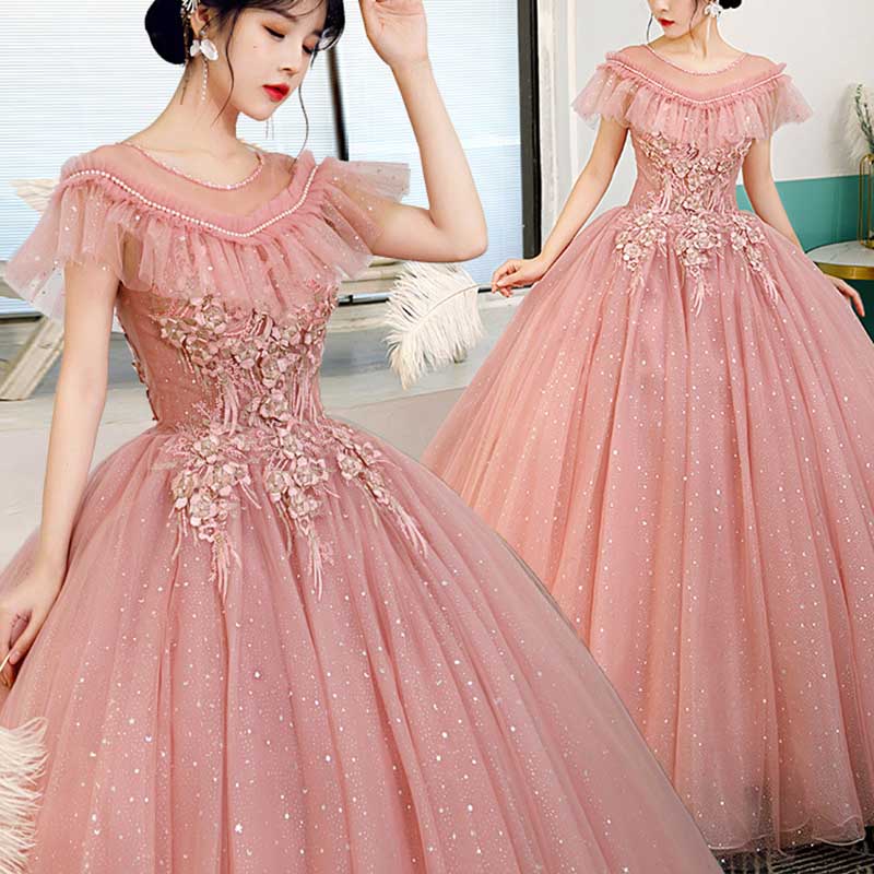 Laced Round-Neck Pink Ball Gown With Appliques