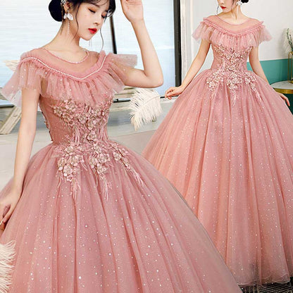 Laced Round-Neck Pink Ball Gown With Appliques