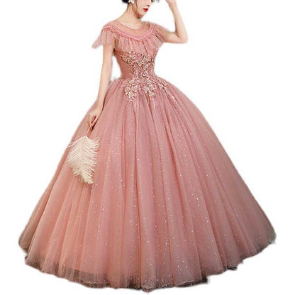 Laced Round-Neck Pink Ball Gown With Appliques