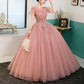 Laced Round-Neck Pink Ball Gown With Appliques