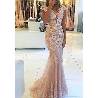 Lace Bridesmaid Dress Mermaid V Neck Long Evening Dresses Formal Wedding Gown