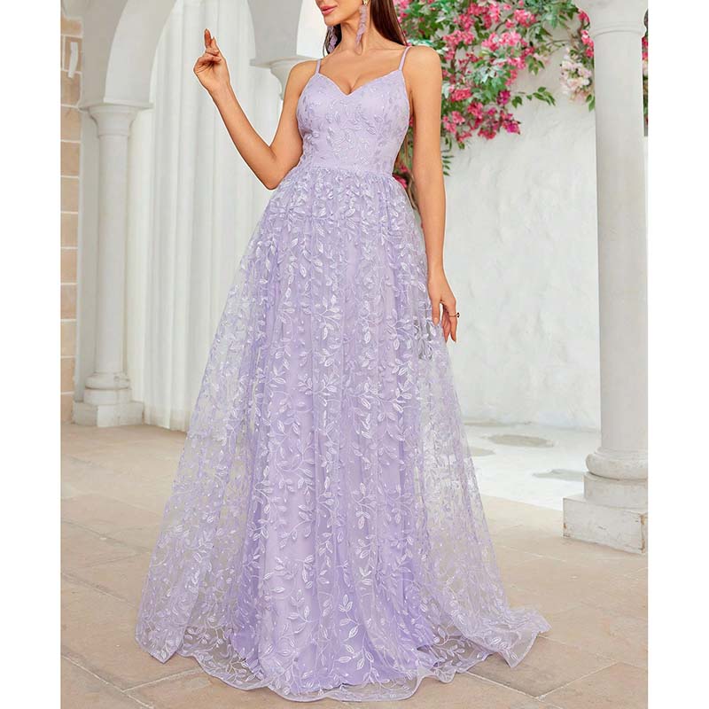 Lavender Floral Bridesmaid Dress Spaghetti Strap Wedding Gown Prom Dress