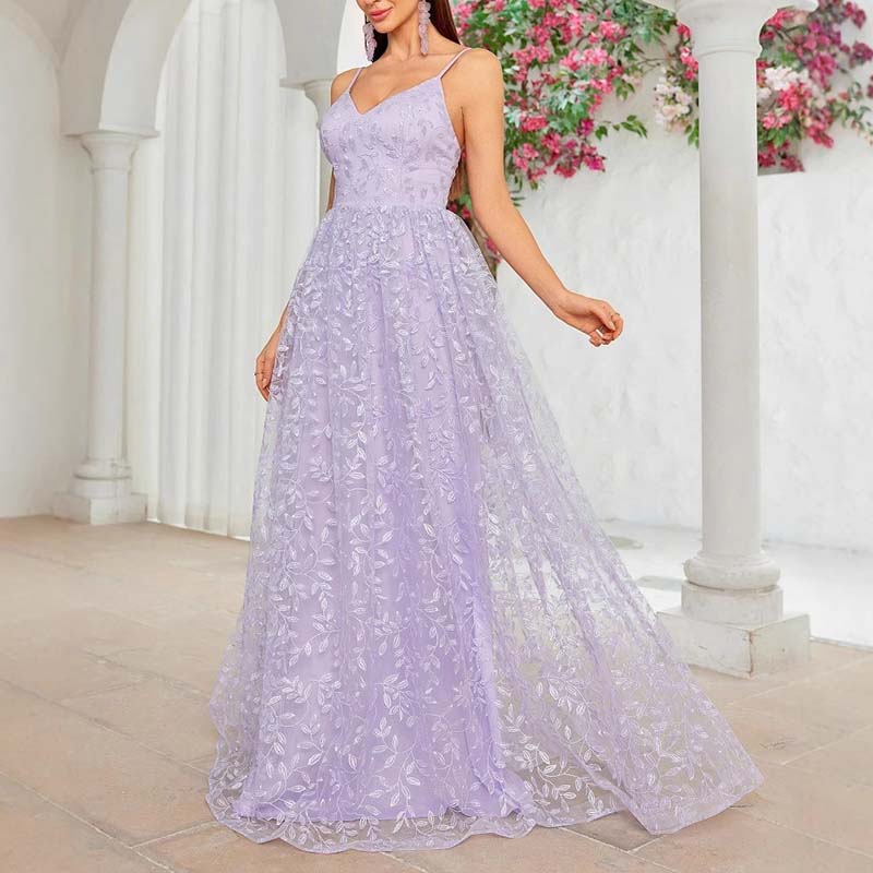 Lavender Floral Bridesmaid Dress Spaghetti Strap Wedding Gown Prom Dress