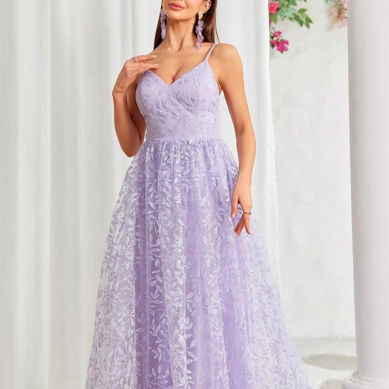 Lavender Floral Bridesmaid Dress Spaghetti Strap Wedding Gown Prom Dress