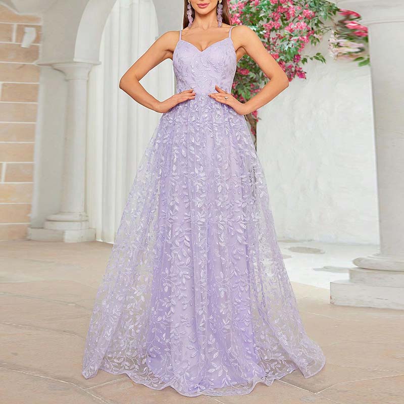 Lavender Floral Bridesmaid Dress Spaghetti Strap Wedding Gown Prom Dress