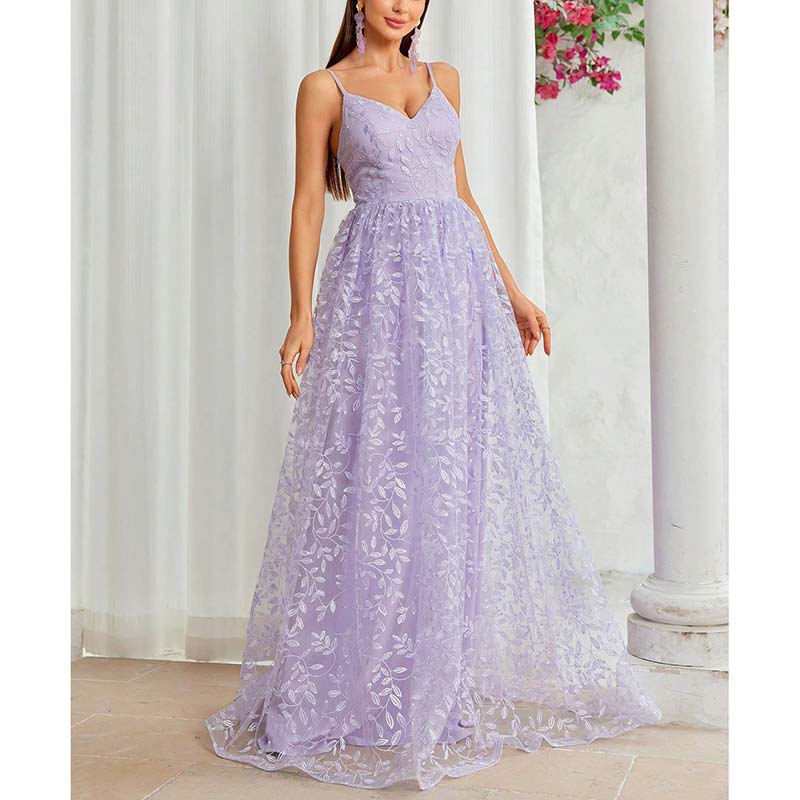 Lavender Floral Bridesmaid Dress Spaghetti Strap Wedding Gown Prom Dress