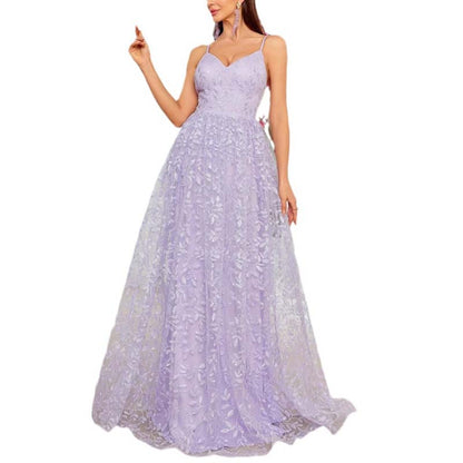 Lavender Floral Bridesmaid Dress Spaghetti Strap Wedding Gown Prom Dress