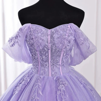Lavender Off-the-Shoulder Ball Gown Tulle Lace Applique Quinceanera Dress Prom Dress