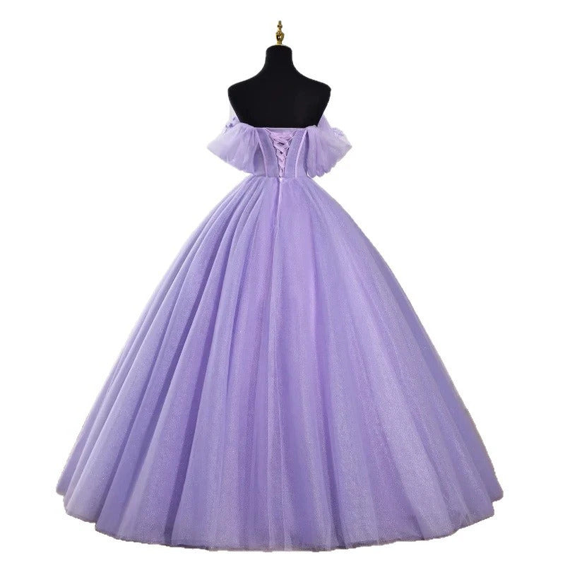 Lavender Off-the-Shoulder Ball Gown Tulle Lace Applique Quinceanera Dress Prom Dress