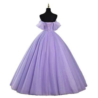 Lavender Off-the-Shoulder Ball Gown Tulle Lace Applique Quinceanera Dress Prom Dress