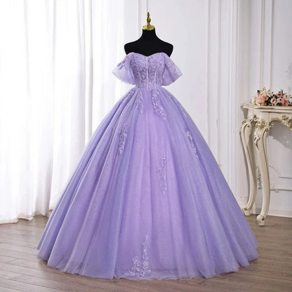 Lavender Off-the-Shoulder Ball Gown Tulle Lace Applique Quinceanera Dress Prom Dress