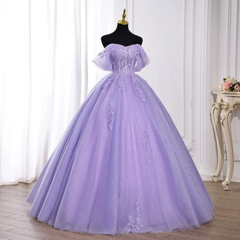 Lavender Off-the-Shoulder Ball Gown Tulle Lace Applique Quinceanera Dress Prom Dress