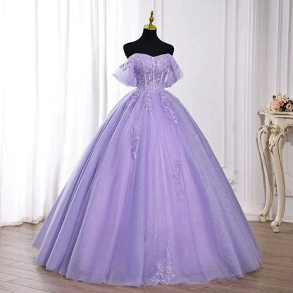 Lavender Off-the-Shoulder Ball Gown Tulle Lace Applique Quinceanera Dress Prom Dress