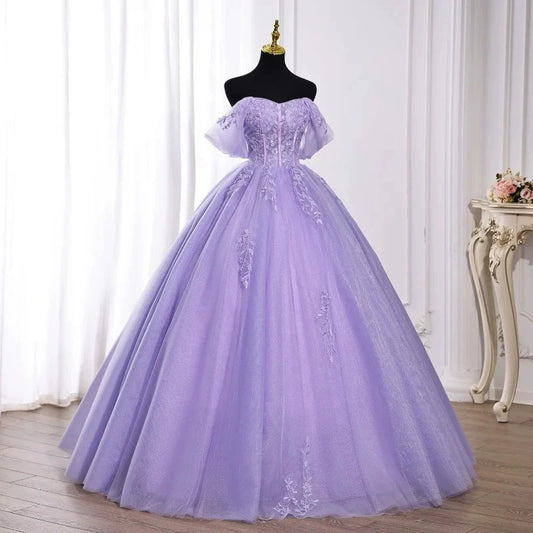 Lavender Off-the-Shoulder Ball Gown Tulle Lace Applique Quinceanera Dress Prom Dress