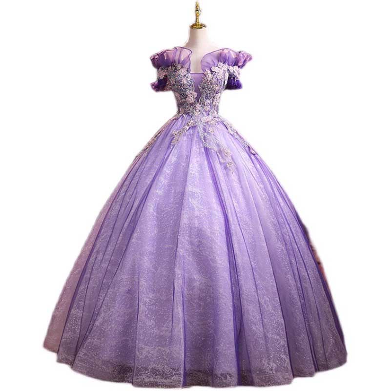 Lavender Sparkly Tulle Quinceanera Dresses Flower Appliques Ball Gown