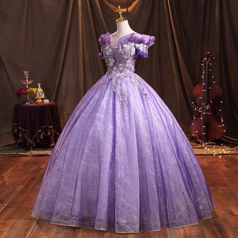 Lavender Sparkly Tulle Quinceanera Dresses Flower Appliques Ball Gown