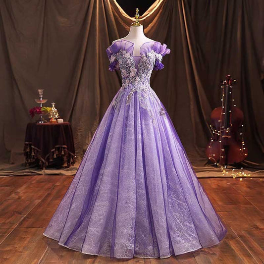 Lavender Sparkly Tulle Quinceanera Dresses Flower Appliques Ball Gown