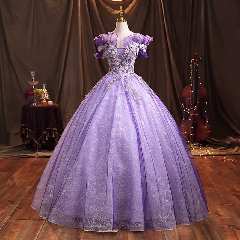 Lavender Sparkly Tulle Quinceanera Dresses Flower Appliques Ball Gown