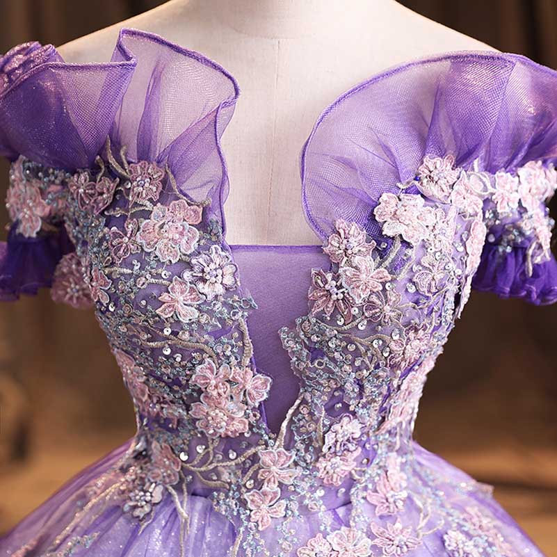 Lavender Sparkly Tulle Quinceanera Dresses Flower Appliques Ball Gown