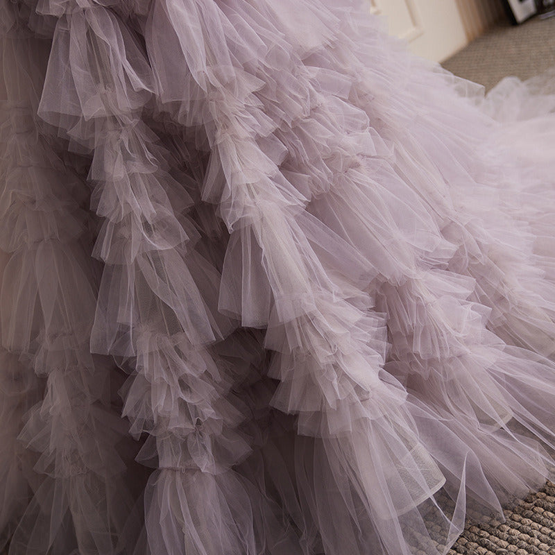 Lavender Strapless Tulle Ruffle Evening Gown with Cascading Layers