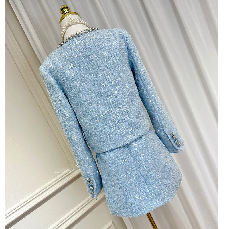 Light Blue Sequin Tweed 2-Piece Set for Women – Elegant Long Sleeve Cropped Jacket & High-Waisted Mini Dress