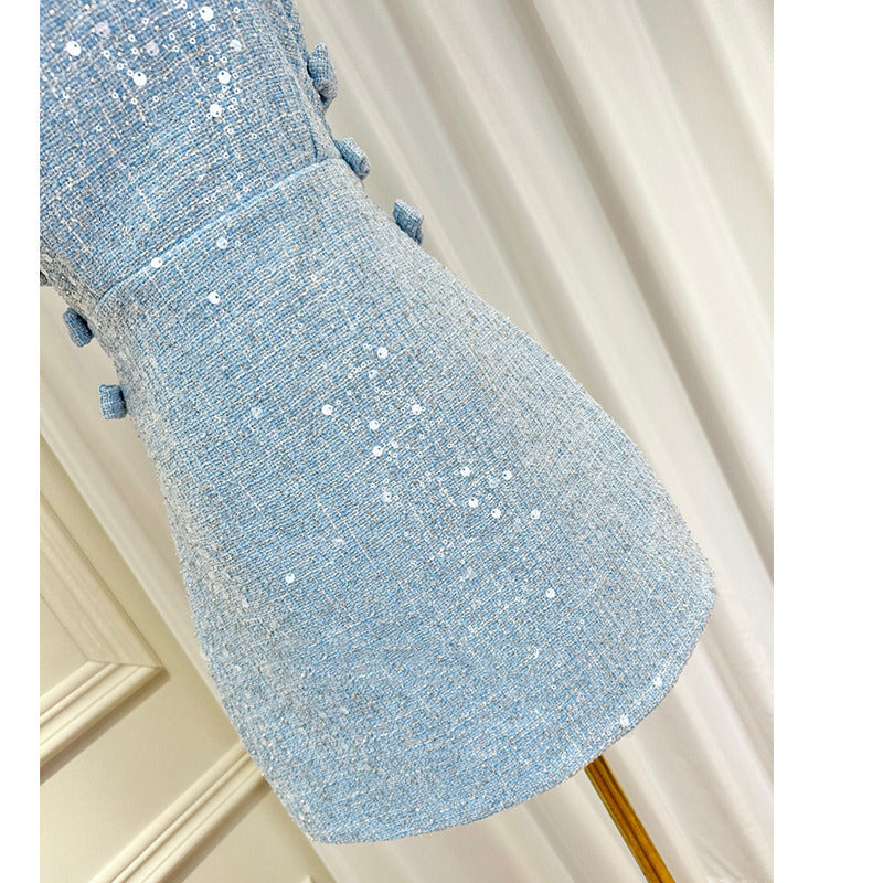 Light Blue Sequin Tweed 2-Piece Set for Women – Elegant Long Sleeve Cropped Jacket & High-Waisted Mini Dress