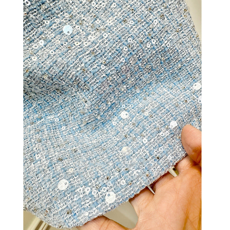 Light Blue Sequin Tweed 2-Piece Set for Women – Elegant Long Sleeve Cropped Jacket & High-Waisted Mini Dress