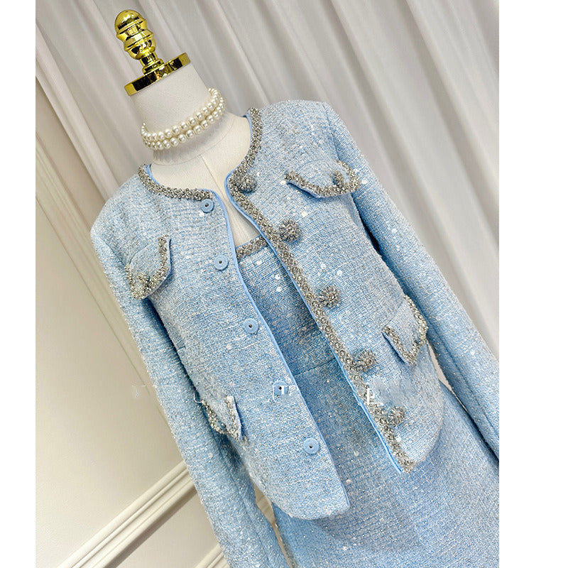 Light Blue Sequin Tweed 2-Piece Set for Women – Elegant Long Sleeve Cropped Jacket & High-Waisted Mini Dress