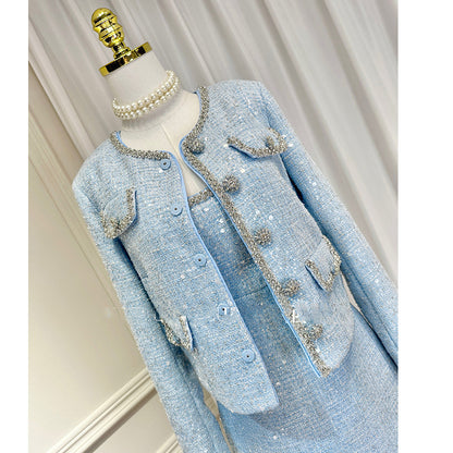 Light Blue Sequin Tweed 2-Piece Set for Women – Elegant Long Sleeve Cropped Jacket & High-Waisted Mini Dress