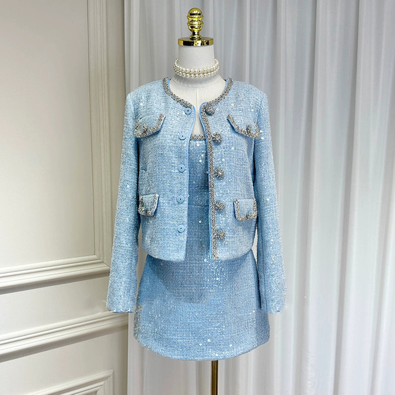 Light Blue Sequin Tweed 2-Piece Set for Women – Elegant Long Sleeve Cropped Jacket & High-Waisted Mini Dress