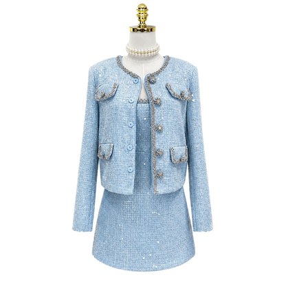 Light Blue Sequin Tweed 2-Piece Set for Women – Elegant Long Sleeve Cropped Jacket & High-Waisted Mini Dress