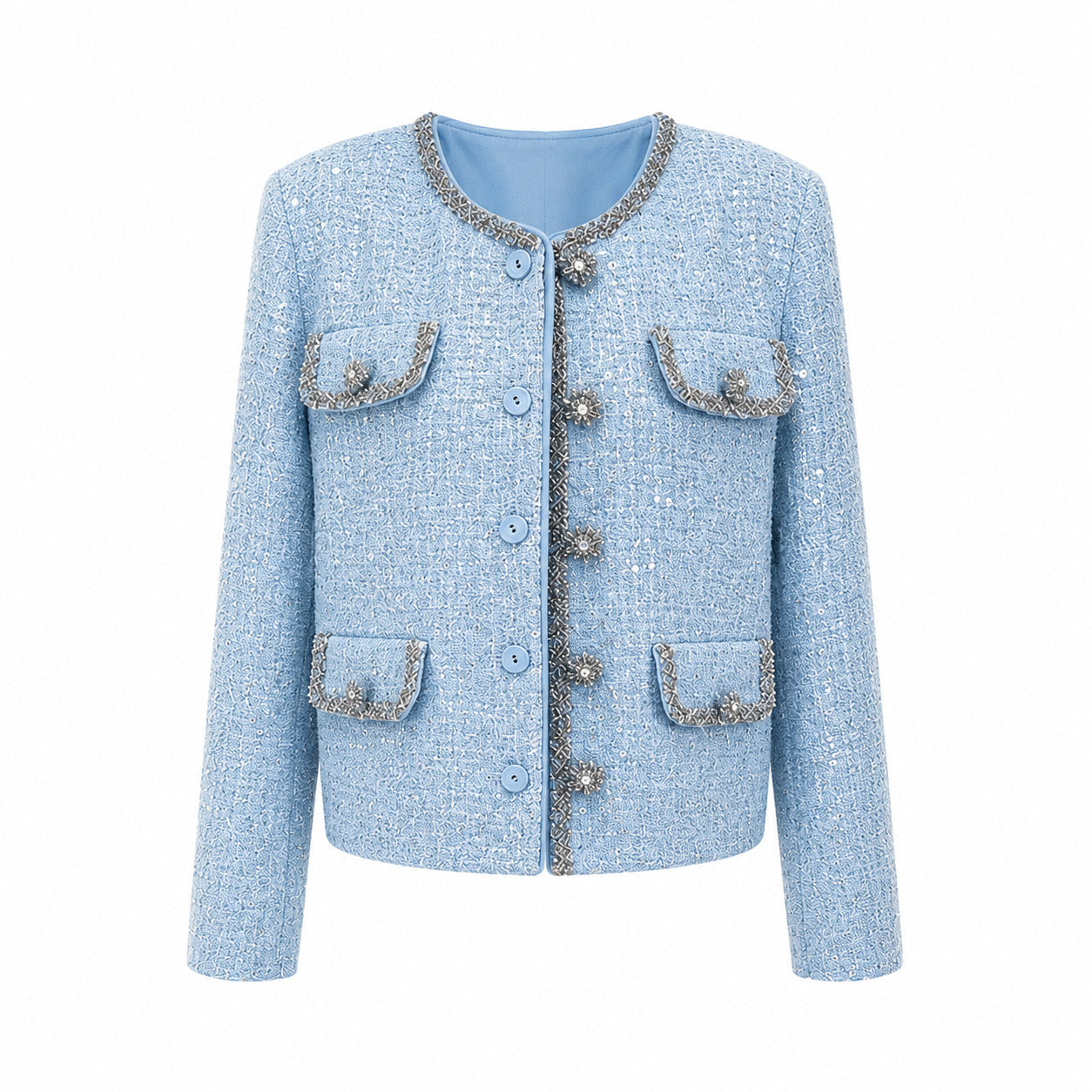 Light Blue Sequin Tweed 2-Piece Set for Women – Elegant Long Sleeve Cropped Jacket & High-Waisted Mini Dress