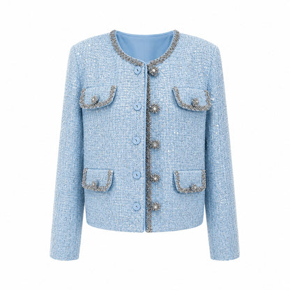 Light Blue Sequin Tweed 2-Piece Set for Women – Elegant Long Sleeve Cropped Jacket & High-Waisted Mini Dress