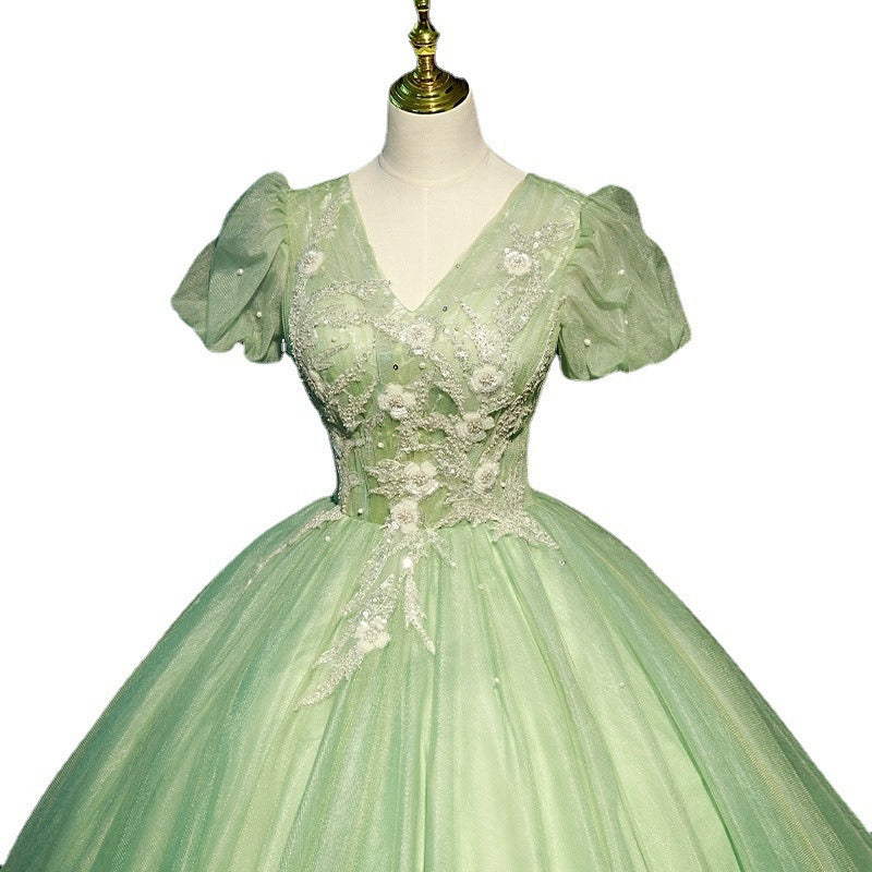 Light Green V-Neck Prom Dress with Sleeves | Puff Short Sleeve Lace Applique Evening Gown | Elegant Tulle Party Dress