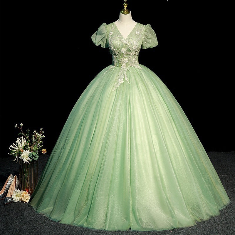 Light Green V-Neck Prom Dress with Sleeves | Puff Short Sleeve Lace Applique Evening Gown | Elegant Tulle Party Dress