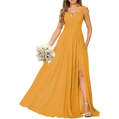 Long Chiffon Bridesmaid Dresses High Slit A-line Wedding Guest Outfit Prom Dresses