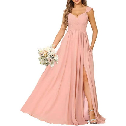 Long Chiffon Bridesmaid Dresses High Slit A-line Wedding Guest Outfit Prom Dresses