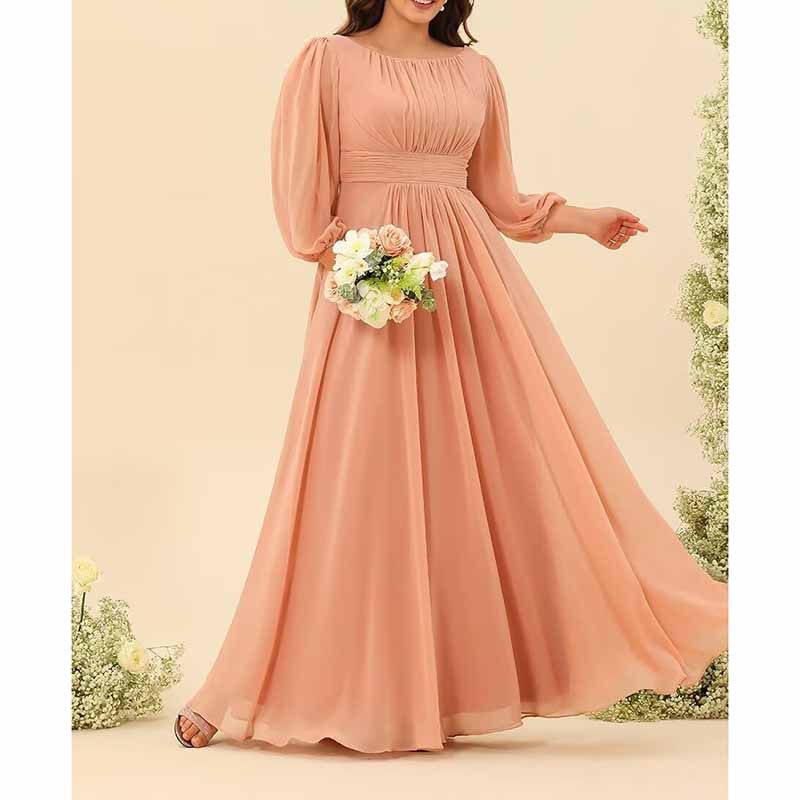 Long Sleeve Bridesmaid Dresses Chiffon Wedding Guest Dress Long Evening Gowns