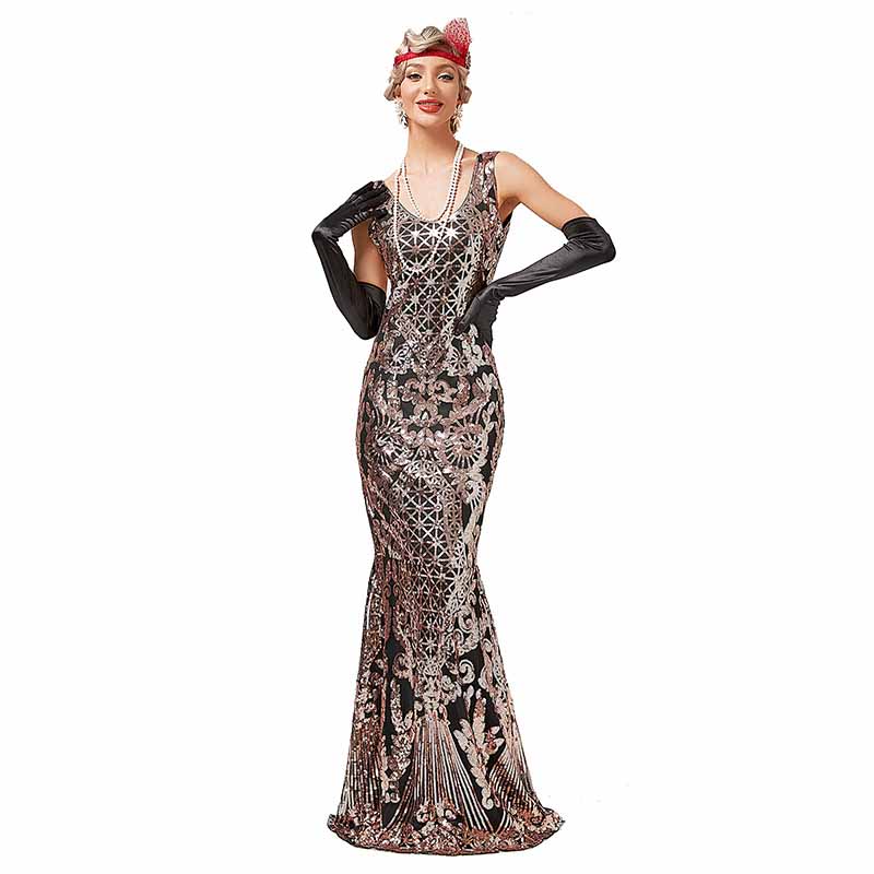 Women’s 1920s Vintage Sequins Fringe Long Gatsby Flapper Dress Evening Maxi Dresses