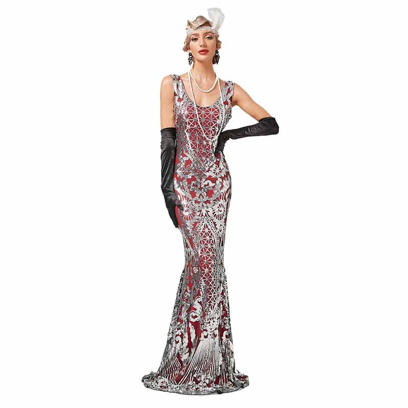 Women’s 1920s Vintage Sequins Fringe Long Gatsby Flapper Dress Evening Maxi Dresses