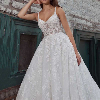 Lace Tulle Wedding Dress Spaghetti Strap Backless A-Line Bridal Dress