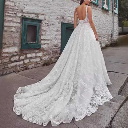 Lace Tulle Wedding Dress Spaghetti Strap Backless A-Line Bridal Dress