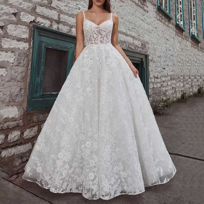 Lace Tulle Wedding Dress Spaghetti Strap Backless A-Line Bridal Dress