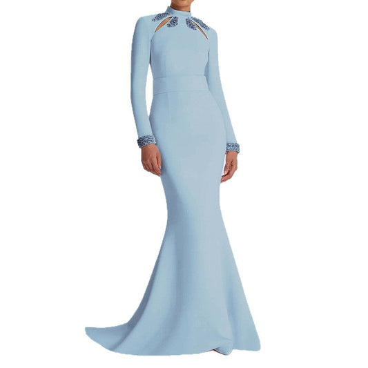 Long Mermaid Dress With Crystal Hollowed Bateau Neckline