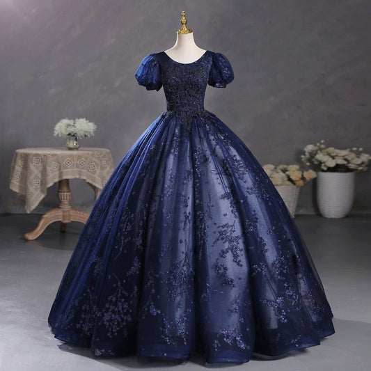 Long Navy Blue Floral Prom Dress with Sleeves | Vintage Lace Appliqué Evening Gown for Formal Party