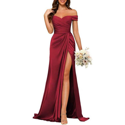 Long Satin Bridesmaid Dress – Off-the-Shoulder Neckline & High-Leg Split