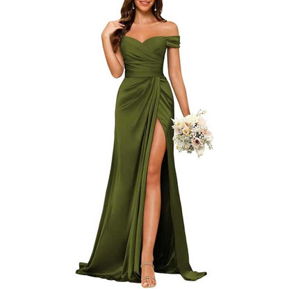 Long Satin Bridesmaid Dress – Off-the-Shoulder Neckline & High-Leg Split