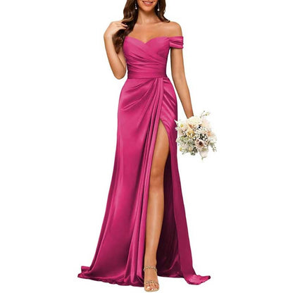 Long Satin Bridesmaid Dress – Off-the-Shoulder Neckline & High-Leg Split